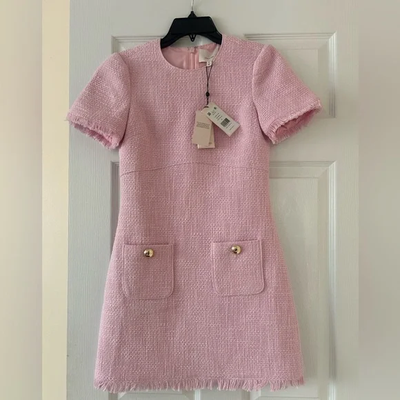 Cinq a Sept Chic Pink Tweed dress Sz 00 new gold buttons - Picture 1 of 8